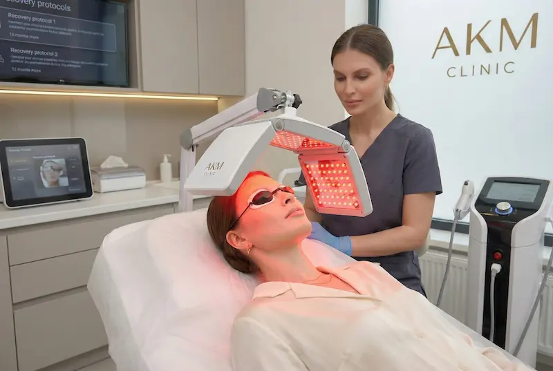 Patient receiving red light therapy (LLLT) at AKM Clinic to support recovery during the 14-day visibility problem after a natural looking facelift.