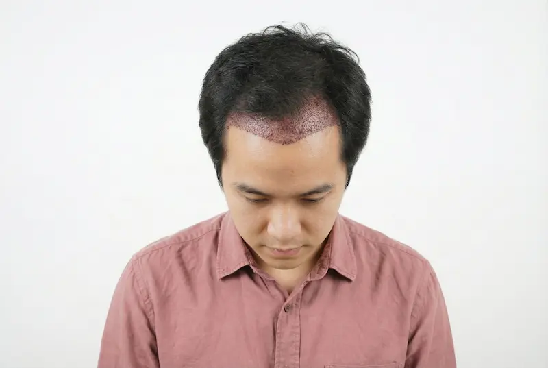Immediate healing after hair transplant: patient with fresh frontal hairline grafts and mild redness (early post-op stage).