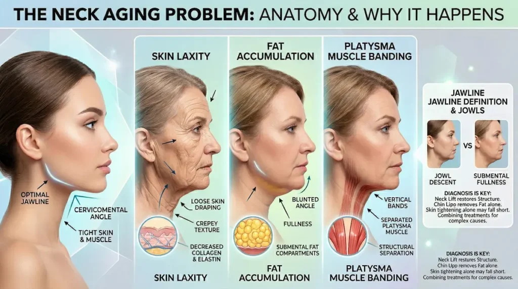Awake neck lift infographic explaining neck aging: skin laxity, submental fat, and platysma bands.
