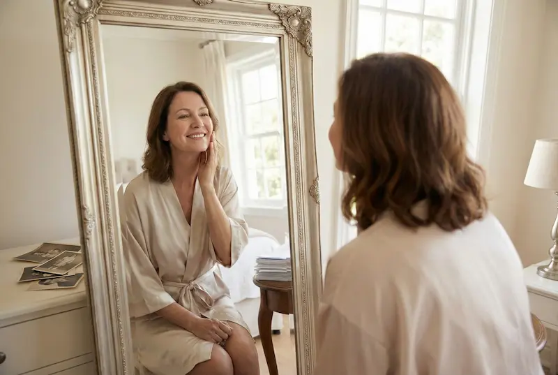 Woman smiling in a mirror, reflecting natural-looking facial rejuvenation after deep plane facelift research and recovery goals