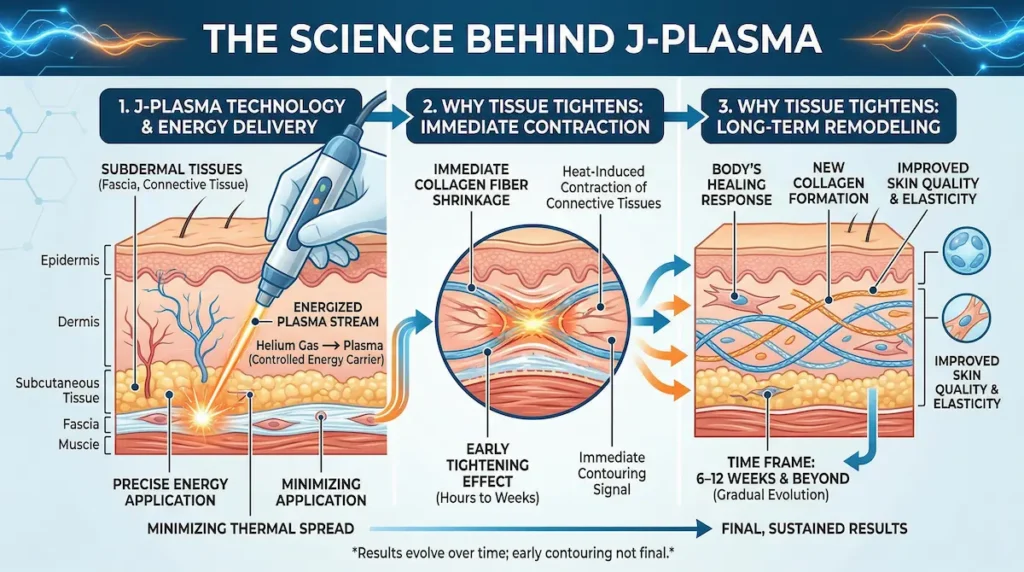 J-Plasma skin tightening infographic showing energy delivery, early tissue contraction, and long-term collagen remodeling