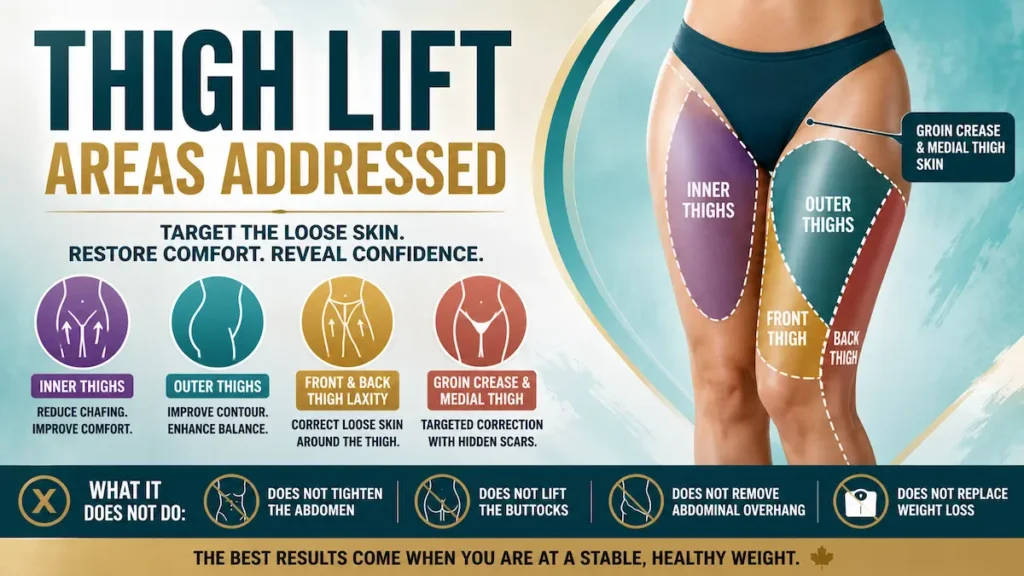 Thigh lift infographic showing inner thighs, outer thighs, front and back thigh laxity, and groin crease correction areas.