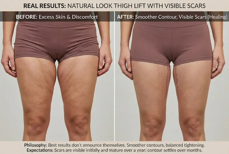 Thigh Lift before and after photo showing smoother thigh contour and visible healing scars, front view (individual results vary).