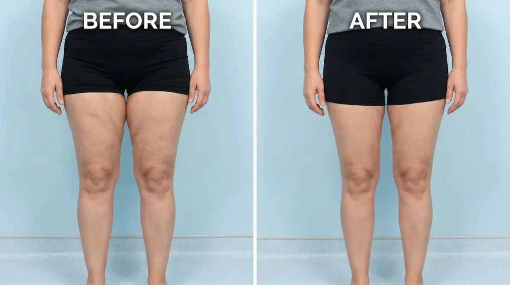 Thigh Lift surgery (thighplasty) before and after photo showing improved thigh contour and reduced inner-thigh laxity