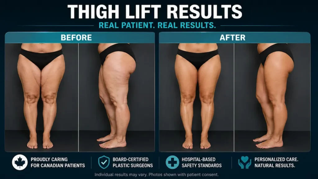 Thigh lift before and after photo showing smoother thigh contour, reduced loose skin and improved leg shape after thighplasty.