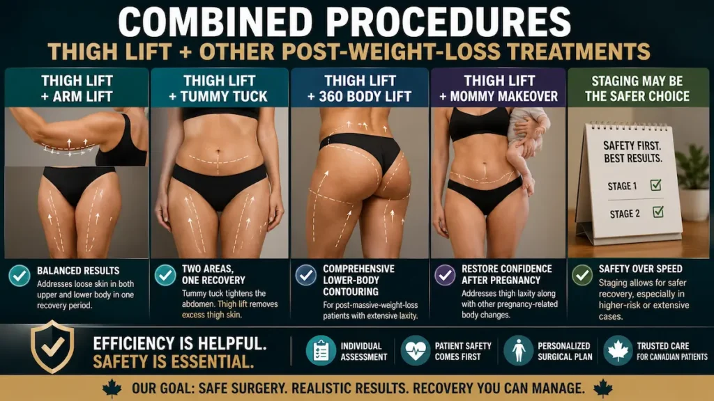 Thigh lift combined procedures infographic showing thigh lift with arm lift, tummy tuck, 360 body lift and mommy makeover options.