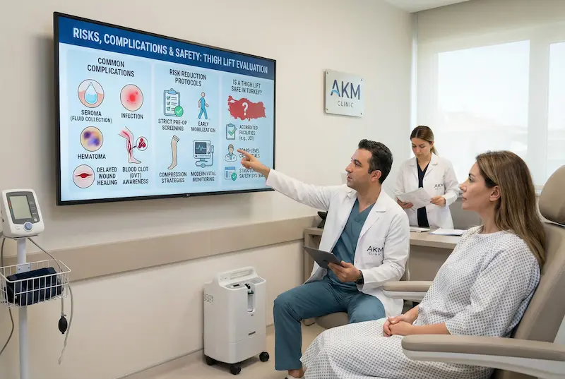 Thigh Lift risks and complications consultation showing a doctor explaining safety protocols, infection/seroma risk, and DVT awareness.