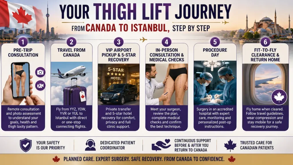 Thigh lift journey from Canada to Istanbul infographic showing consultation, travel, hotel recovery, surgery and fit-to-fly clearance.