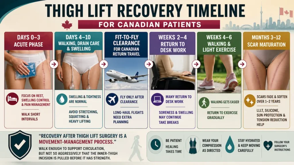Thigh lift recovery timeline infographic for Canadian patients showing days 0–3, fit-to-fly clearance, return to work and scar maturation.