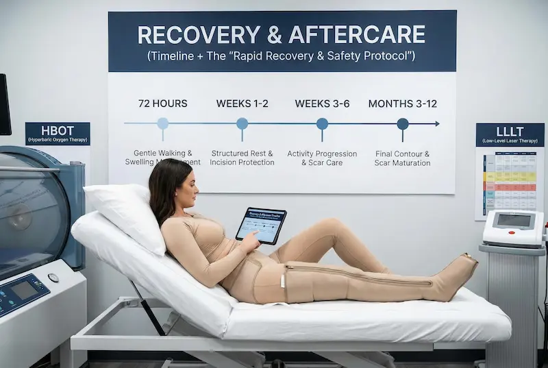 Thigh Lift recovery timeline infographic showing aftercare stages from first 72 hours to months 3–12, with HBOT and LLLT recovery support.