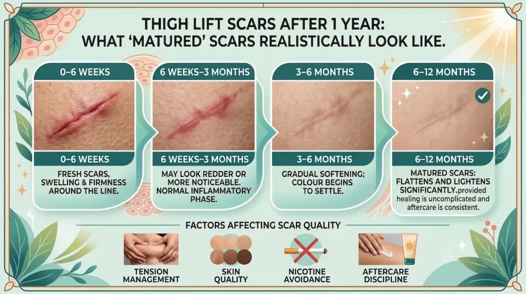 Thigh Lift surgery (thighplasty) scars after 1 year infographic showing scar healing stages from 0–6 weeks to 6–12 months