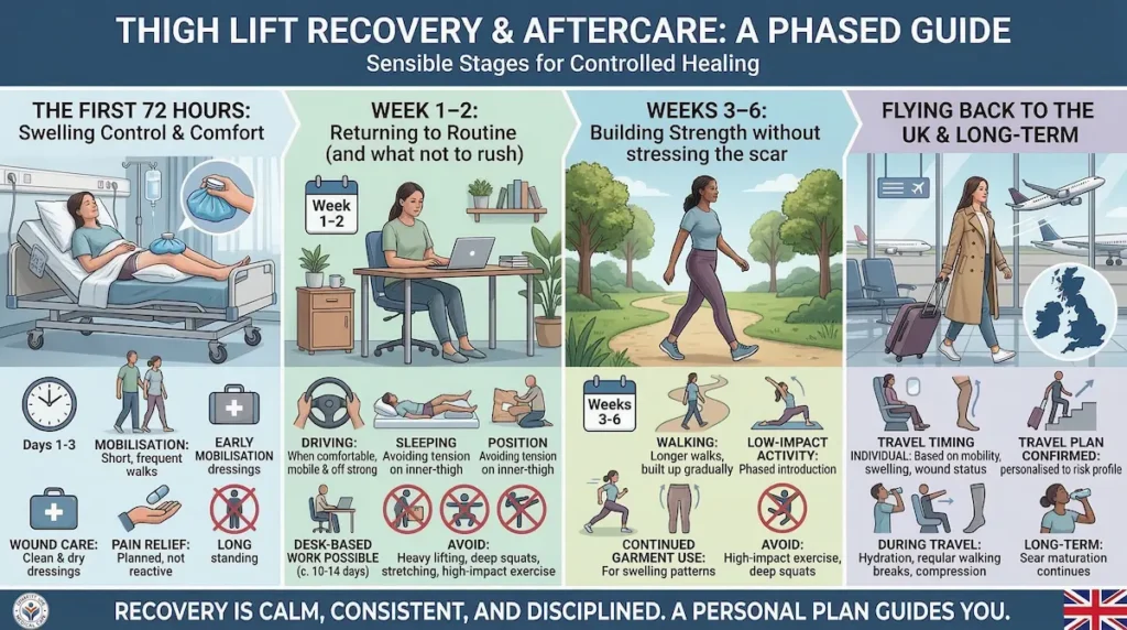 Thigh Lift surgery (thighplasty) recovery and aftercare infographic showing first 72 hours, weeks 1–2, weeks 3–6, and flying back to the UK