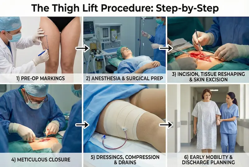 Thigh Lift surgery step-by-step infographic showing pre-op markings, anesthesia, incision, closure, dressings/compression, and early mobility.