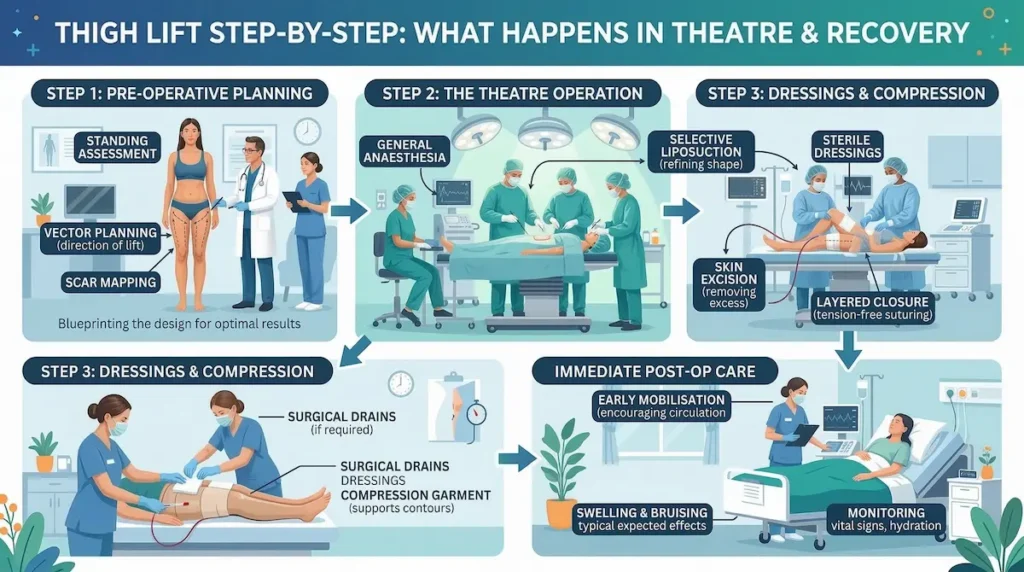 Thigh Lift surgery (thighplasty) steps infographic showing pre-operative planning, operating theatre procedure, dressings, compression, and recovery care