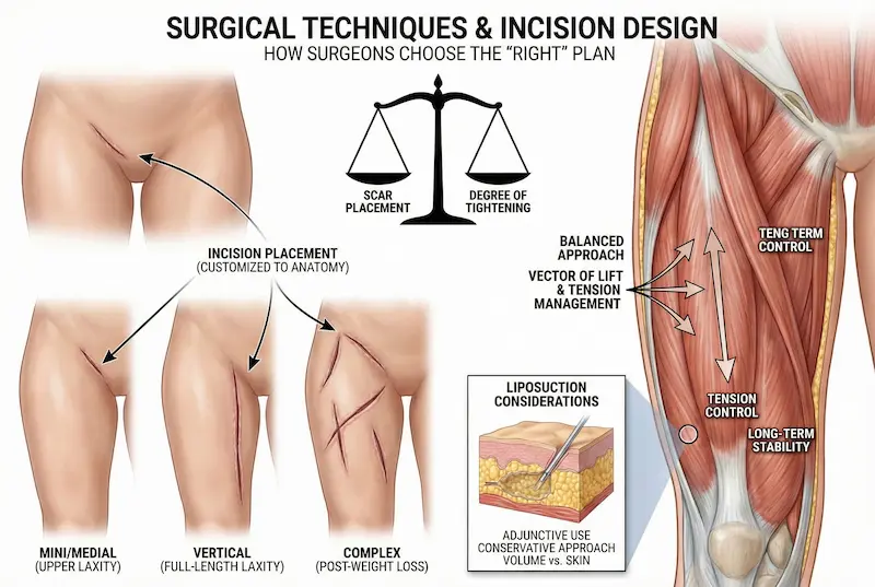 Thigh Lift surgical techniques diagram showing incision design options (mini/medial, vertical, complex), lift vectors, and tension control for stability.