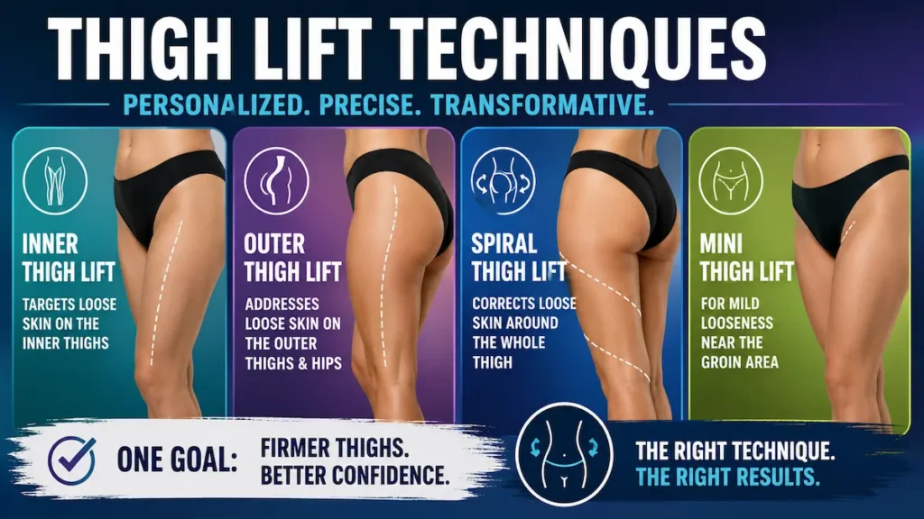 Thigh lift techniques infographic comparing inner thigh lift, outer thigh lift, spiral thigh lift and mini thigh lift for smoother thigh contour.