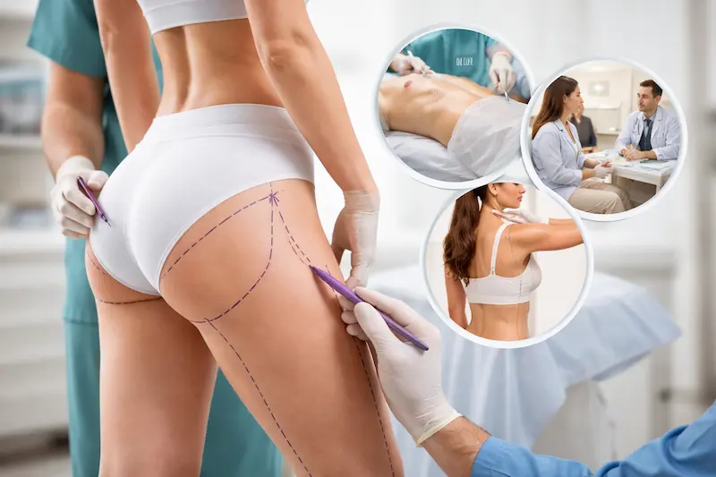Thigh Lift (Thighplasty) surgery planning photo showing thigh markings, surgeon guidance, and consultation steps in a clinical setting.