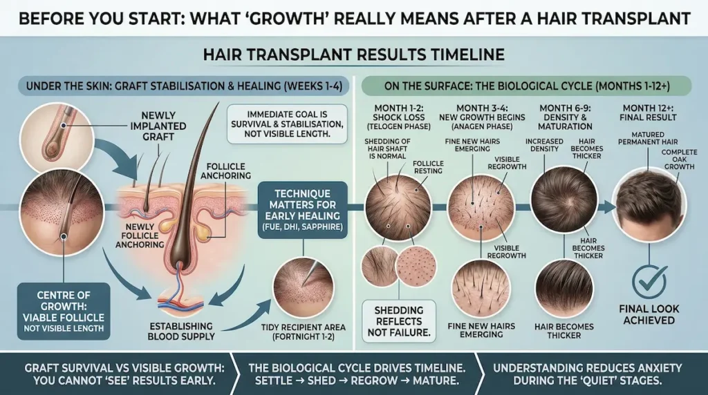Hair Transplant Growth Timeline infographic showing graft stabilisation weeks 1–4 and regrowth months 1–12+.