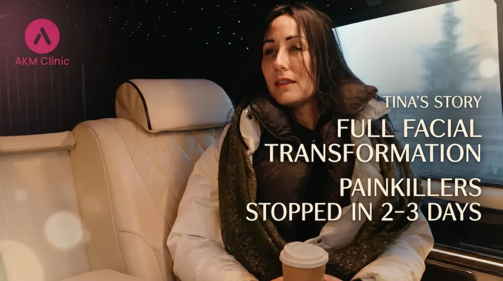 Facelift Turkey vs Canada reviews image for Tina’s story, showing a Canadian patient in AKM Clinic transport after full facial surgery.