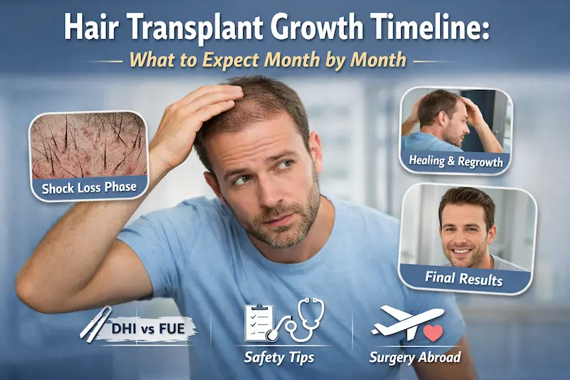 Hair Transplant Growth Timeline cover showing month by month stages shock loss healing regrowth and final results