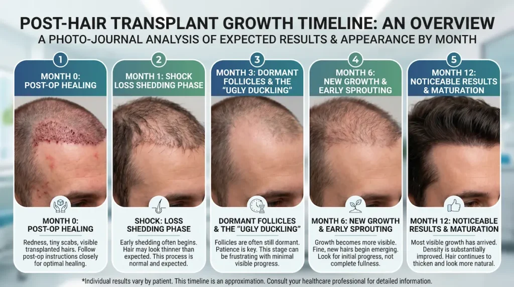 Hair transplant growth timeline infographic showing month 0 healing, shock loss, dormancy, new growth, and month 12 results.