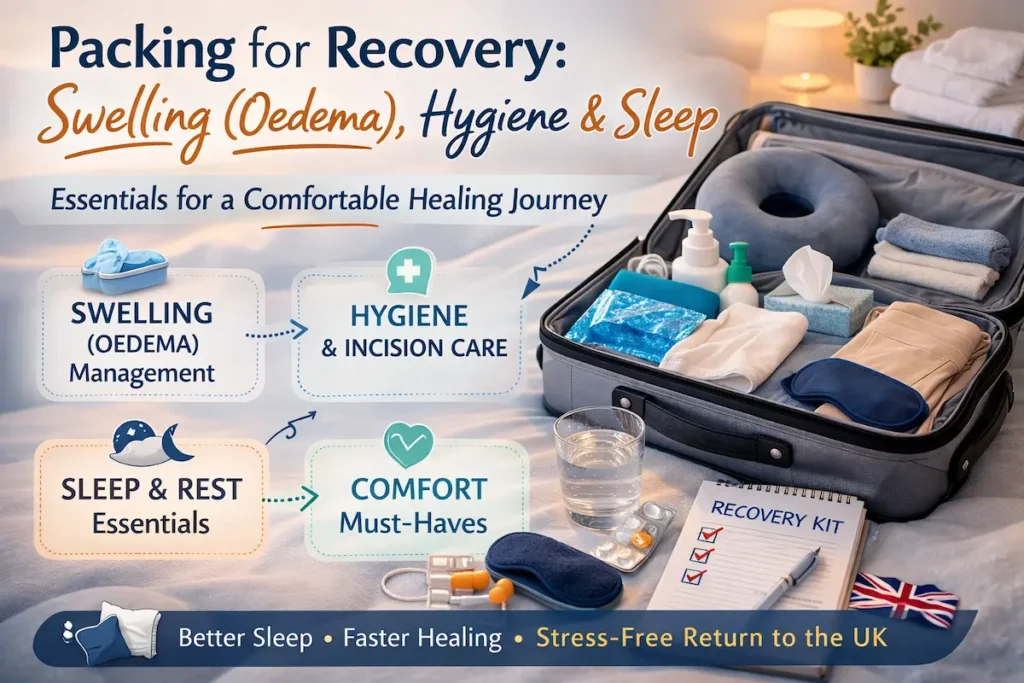 Pre-Surgery Checklist recovery packing graphic showing swelling (oedema) management, hygiene and incision care, and sleep essentials arranged in a suitcase for a UK medical holiday.
