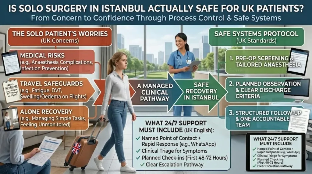 Travelling Solo for Surgery infographic showing UK patient safety systems in Istanbul, including pre op screening, tailored anaesthesia, planned observation, and 24/7 support.