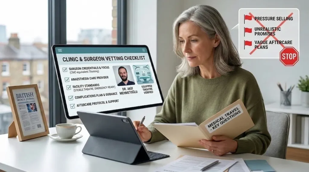 Flying to Turkey for Facelift safety visual showing a clinic and surgeon vetting checklist, red-flag warnings, and UK aftercare questions.