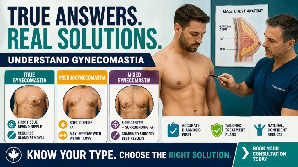 True gynecomastia vs pseudogynecomastia infographic showing glandular tissue, chest fat, and mixed gynecomastia diagnosis