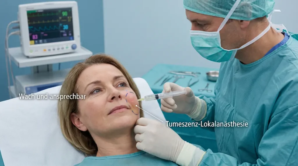 Facelift lokalanästhesie oder vollnarkose: Patientin bleibt bei einer Tumeszenz-Lokalanästhesie wach und ansprechbar.