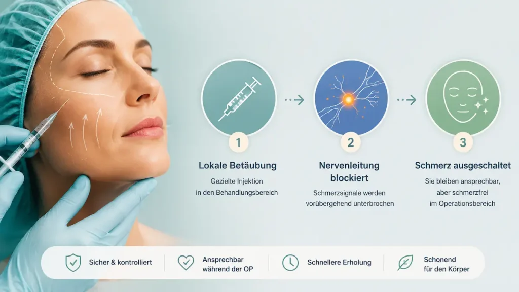 Awake Facelift Schmerzen: Infografik zur Tumeszenz-Lokalanästhesie, die lokale Betäubung und vorübergehend blockierte Schmerzsignale zeigt.