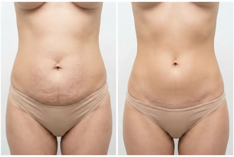 Tummy Tuck (Abdominoplasty) before-and-after of the abdomen showing reduced loose skin and a low scar.