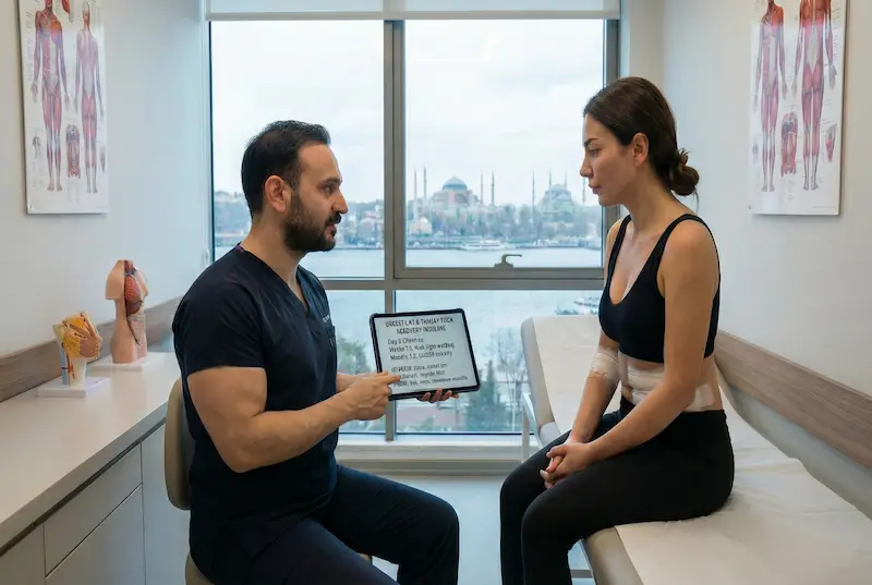 Tummy Tuck and Breast Lift Recovery consultation—surgeon explains aftercare to patient in clinic with Istanbul view