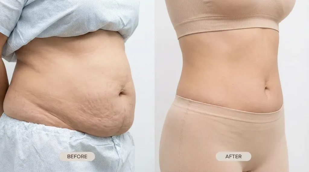 Tummy Tuck (Abdominoplasty) before and after side view showing reduced lower-belly overhang and smoother contour.