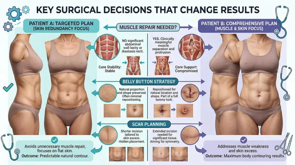 Tummy tuck (abdominoplasty) infographic showing key surgical decisions—whether muscle repair is needed, belly button strategy, and scar planning—to change results.