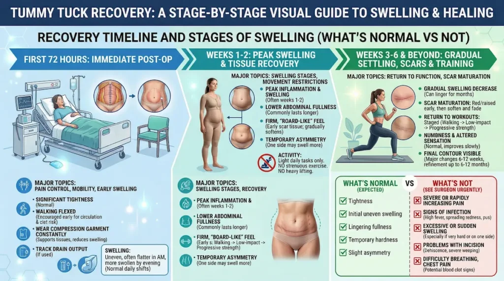 Tummy tuck (abdominoplasty) recovery timeline infographic showing swelling stages from first 72 hours to weeks 1–2 and weeks 3–6+, plus what’s normal vs not.