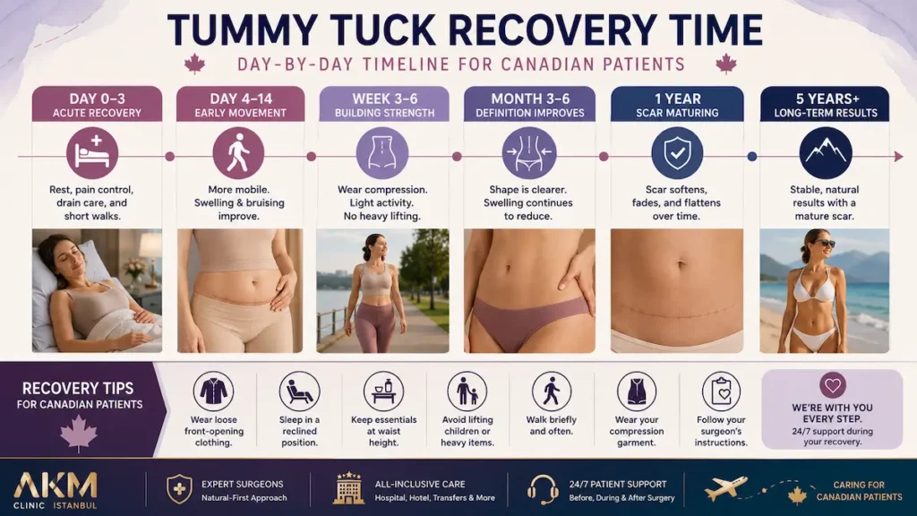 Tummy tuck recovery timeline infographic showing day 0–3, day 4–14, week 3–6, month 3–6, 1-year scar maturation, and 5-year results.