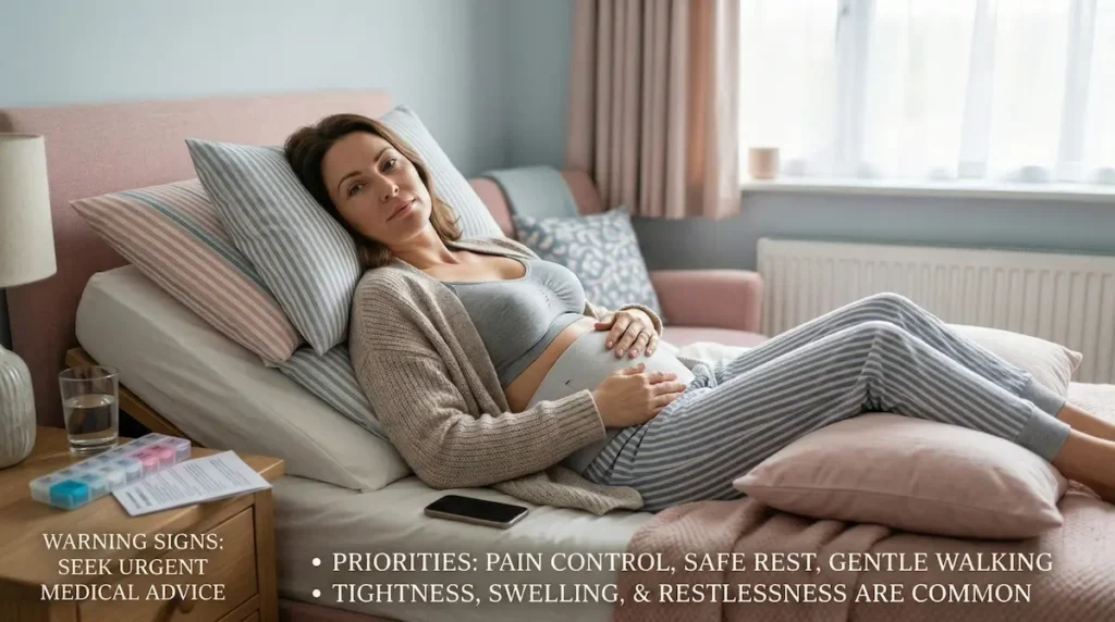 Recovery After Tummy Tuck: patient resting in an elevated position during the first 72 hours after tummy tuck and breast lift.