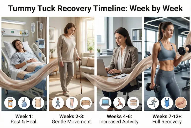 Tummy Tuck Recovery Timeline week by week infographic showing Week 1 rest, Weeks 2–3 walking, Weeks 4–6 work, Weeks 7–12+ exercise