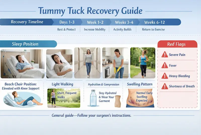 Tummy Tuck Recovery Guide infographic with timeline, sleep position, walking, hydration/compression, swelling, and red flags