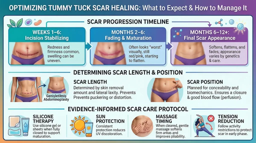 Tummy tuck (abdominoplasty) scar infographic showing healing timeline (weeks 1–6, months 2–6, months 6–12+), scar length/position, and silicone care.