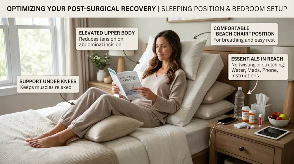 Tummy tuck recovery tips image showing a supported beach chair sleeping position with pillows, elevated knees, and recovery essentials nearby.