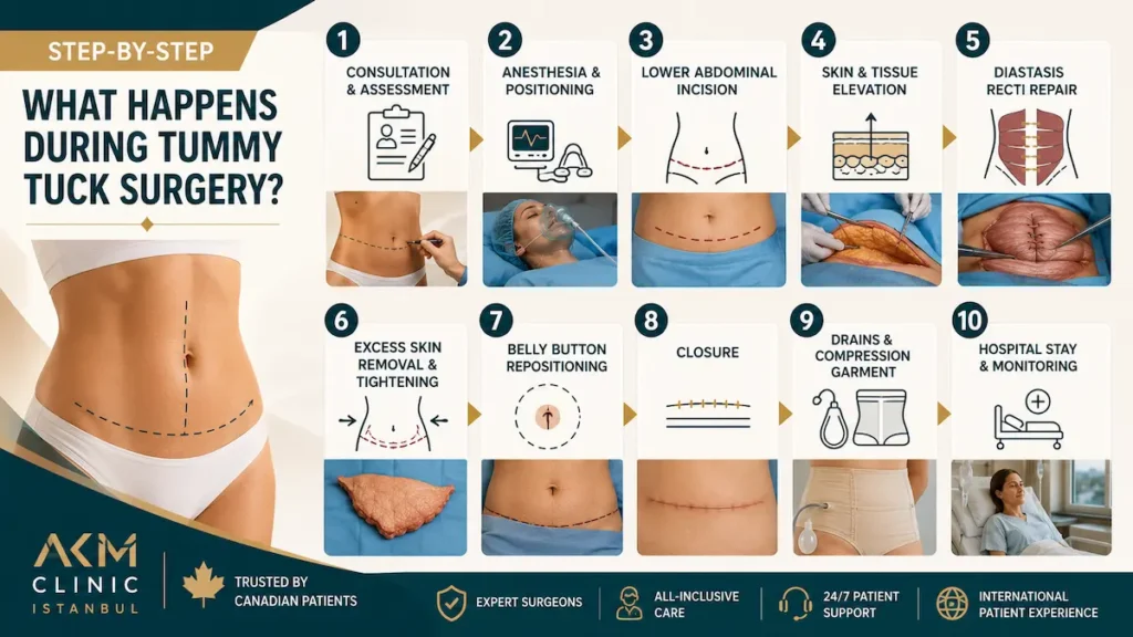 Tummy tuck surgery step-by-step infographic showing consultation, anesthesia, incision, diastasis recti repair, skin removal, belly button repositioning, drains, and hospital monitoring.