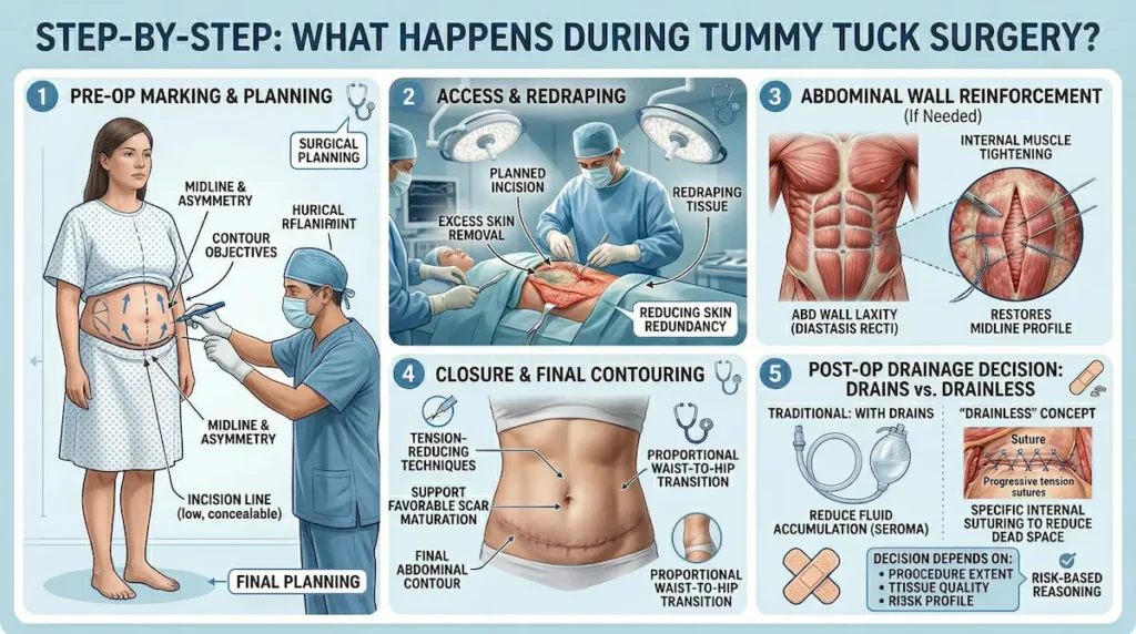 Tummy tuck step-by-step infographic showing pre-op marking, incision and redraping, muscle repair, closure, and drains vs drainless decision.
