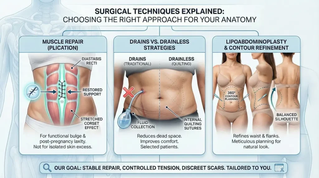 Tummy Tuck (Abdominoplasty) techniques infographic showing muscle repair, drains vs drainless options, and lipoabdominoplasty.