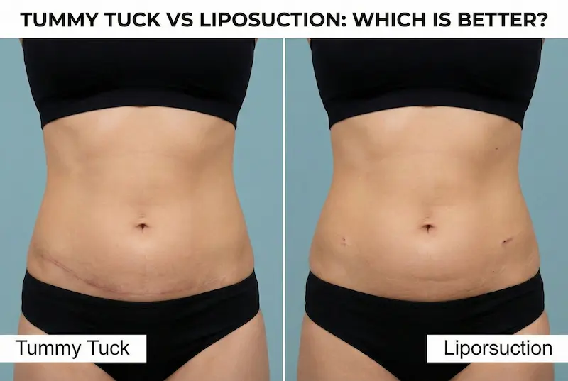 “Tummy tuck vs liposuction which is better: side-by-side abdomen comparison labeled Tummy Tuck and Liposuction.”