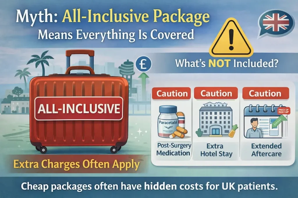 Turkish plastic surgery myths infographic showing “all-inclusive” package exclusions, including extra hotel nights, medication, and extended aftercare for UK patients.