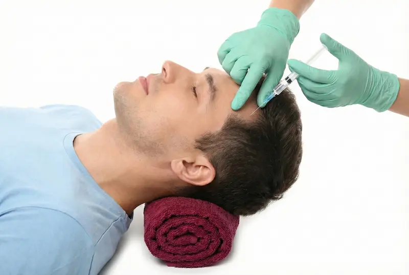 Man lying on a treatment bed while a doctor in blue gloves injects his scalp, illustrating hair restoration treatment in Turkey and Turkey price breakdown.