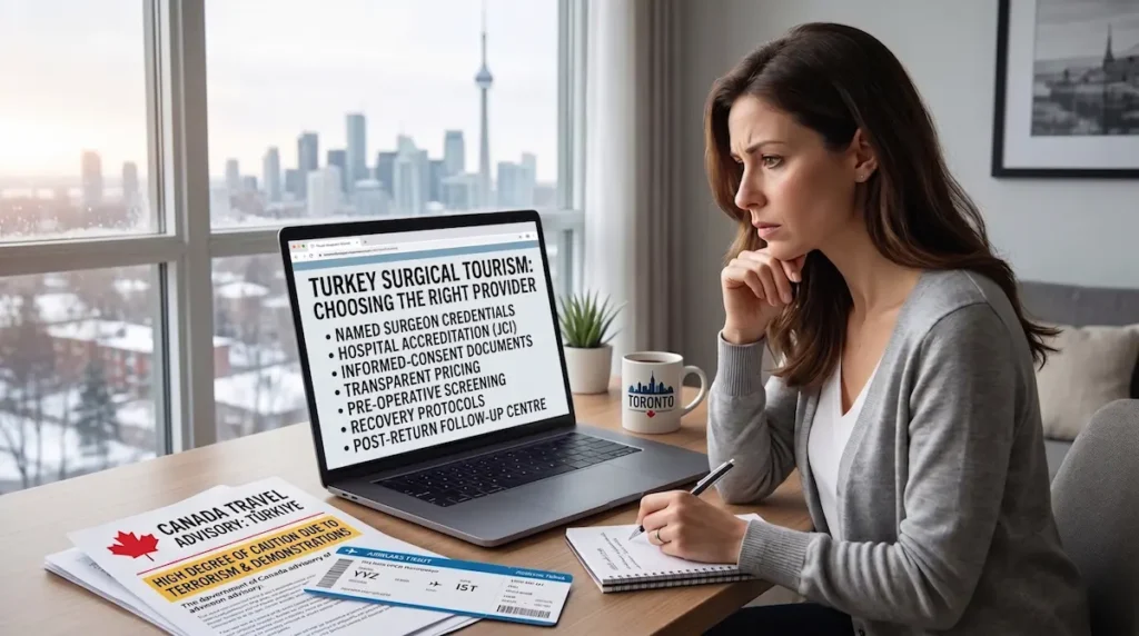Canadian patient researching is it safe to get plastic surgery in Turkey by reviewing provider selection, JCI accreditation, consent, pricing, and follow-up.