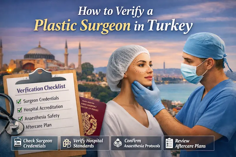 Plastic Surgeon Turkey credentials checklist showing surgeon consultation, hospital accreditation, anaesthesia safety and aftercare plan in Istanbul.